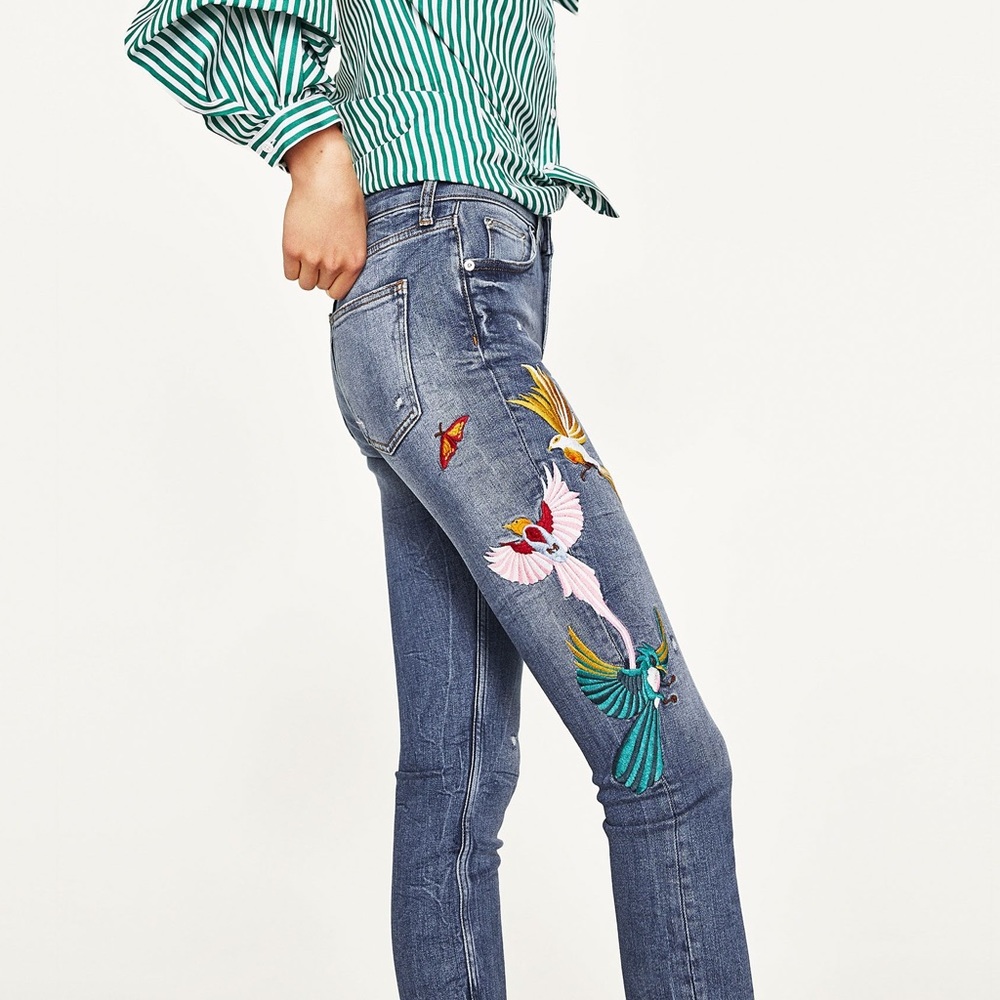 Zara embroided bird design skinny jeans